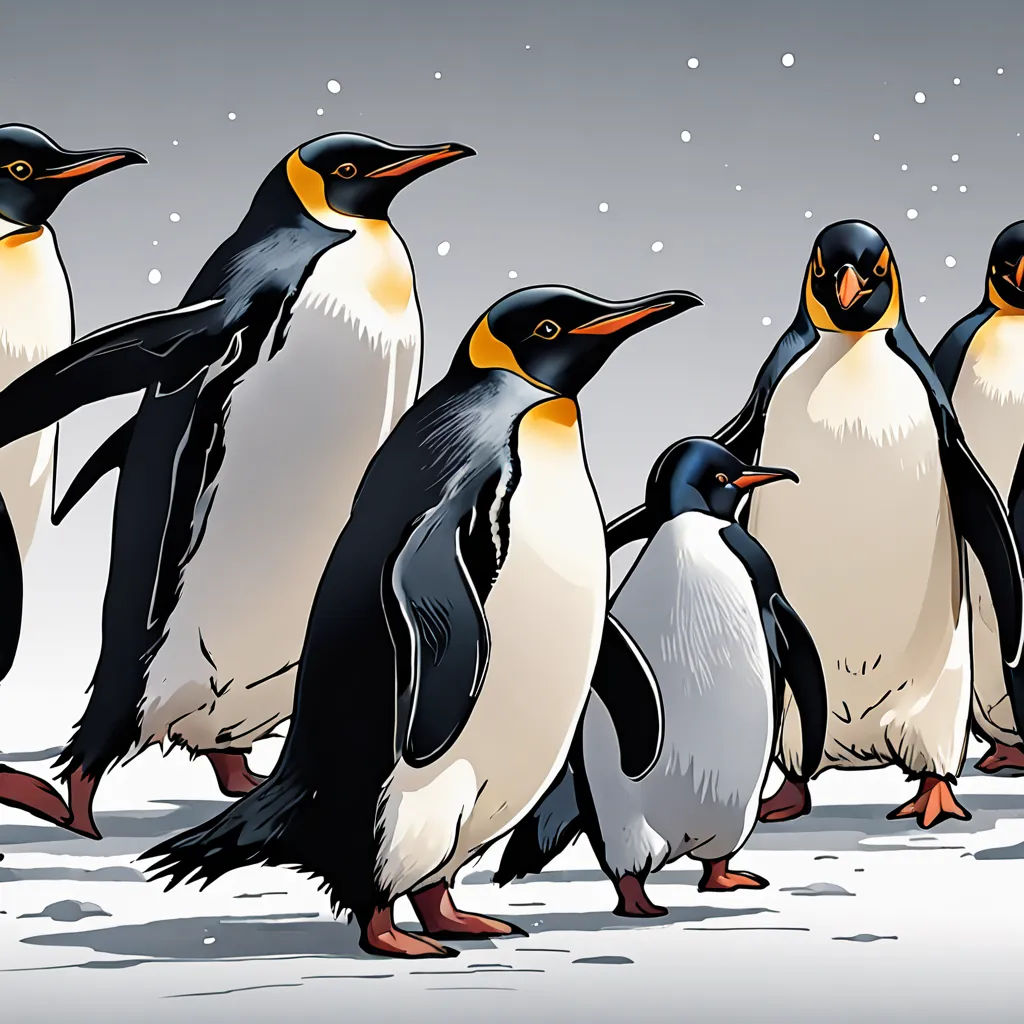 a group of penguins walking in the snow together, with one penguin facing the camera and the other penguin facing the camera, toyism, a comic book panel, Colin Middleton, laurie greasley