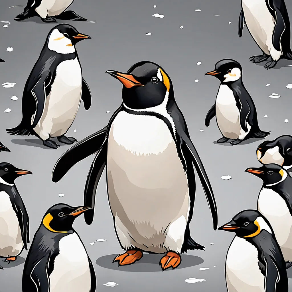 a group of penguins standing around each other on a snow covered ground with snow flakes on the ground, institutional critique, a storybook illustration, Brian Despain, comic cover art