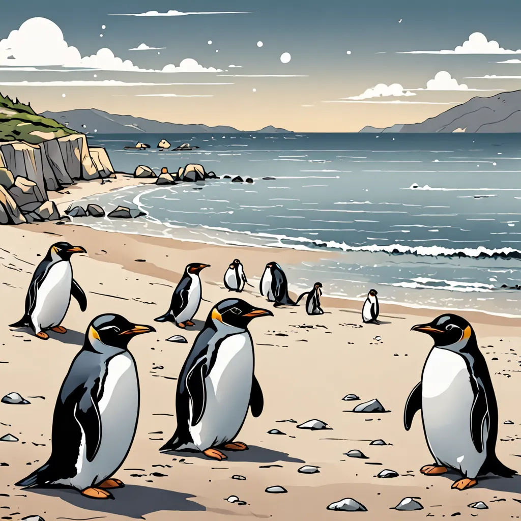 a group of penguins walking on a beach next to the ocean and a rocky cliff with a lighthouse in the background, environmental art, a comic book panel, Colin Middleton, detailed illustration