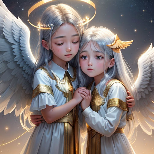 two children dressed in white and gold with angel wings and halos on their heads, standing next to each other