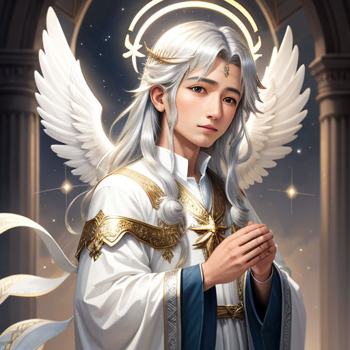 a white haired man with white hair and wings standing in front of a doorway with a halo around his neck