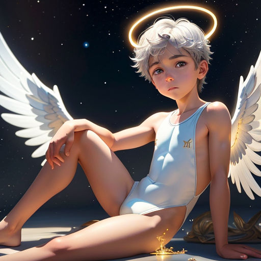 a girl with white hair and angel wings sitting on the ground with a star in her hand and a star in her other hand