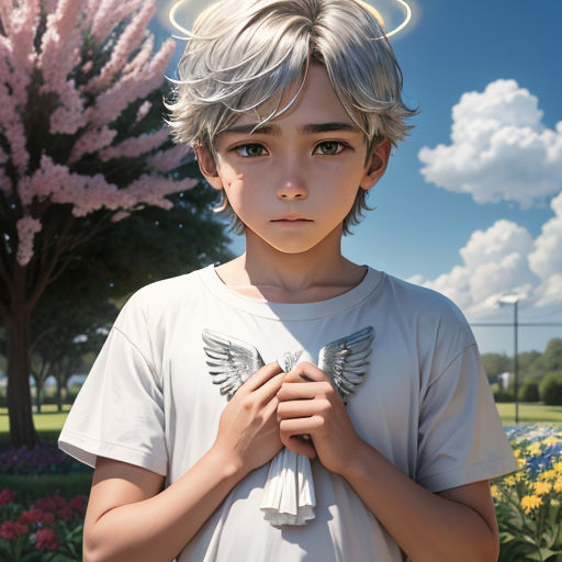 a boy with a halo around his head and hands folded in front of him, standing in a park
