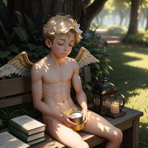 a statue of a naked boy sitting on a bench with a bowl of food in his hand and a lantern in the background