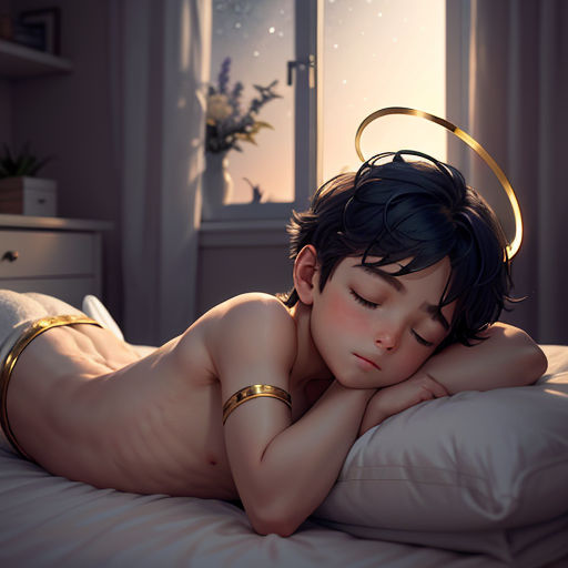 a naked woman laying on a bed with a halo around her head and a gold ring around her neck