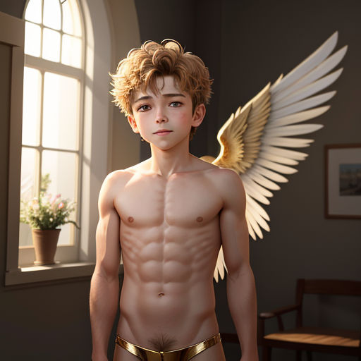 a young man with a naked chest and wings on his chest is standing in front of a window with a potted plant