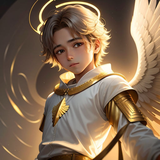 a young boy dressed in a white outfit with a golden angel halo and wings on his head and shoulders