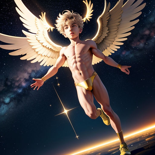 a man with wings is in the air with his arms outstretched and legs spread out, with a star in the background