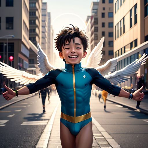 a young boy dressed as a superhero with wings on his body and a blue bodysuit with gold trim