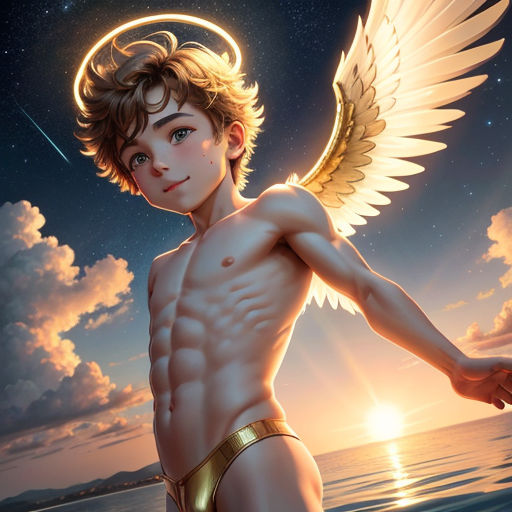 a man with a halo and wings standing on a beach at night with the sun shining behind him and a body of water in the foreground