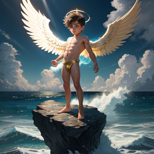 a boy with wings standing on a rock in the ocean with a body of water in front of him