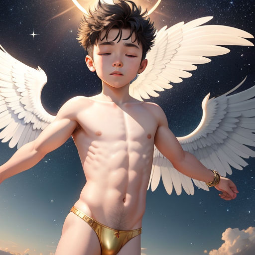 a young man with wings on his chest and a gold briefy under his arm, standing in the sky