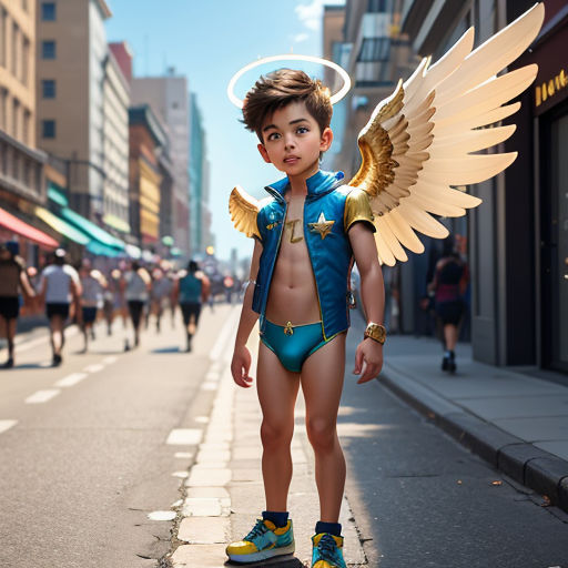 a boy in a blue and gold costume with wings on a city street with people walking by and a man in a blue and gold outfit