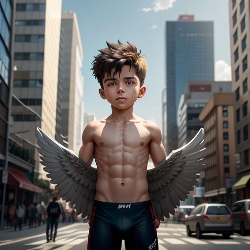 a man with a large pair of wings on his chest stands in the middle of a city street with tall buildings