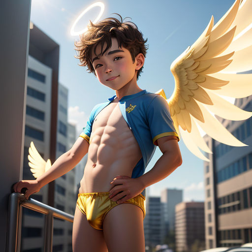 a boy in a swimsuit with wings on his chest and chest, standing on a railing in front of a cityscape