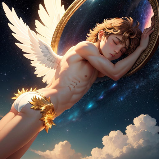 a naked man with wings is laying on a mirror with a star in his hand and a star in his other hand