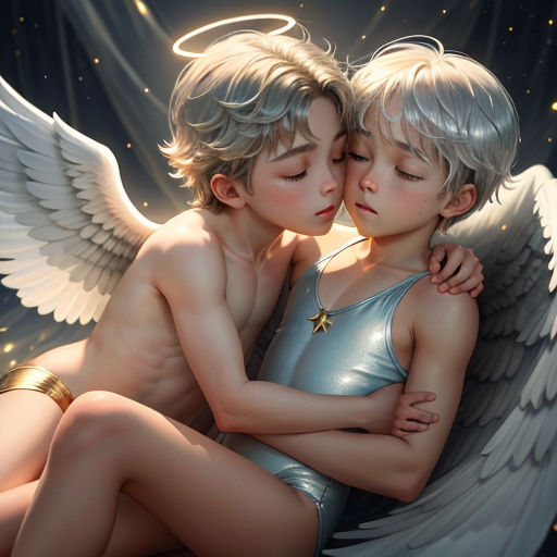 two children are hugging each other with wings on them, and a star is shining in the background of the painting