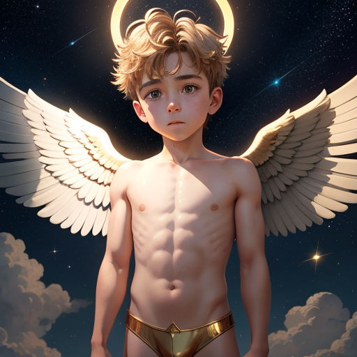 a boy with a golden briefy and angel wings on his chest and chest, standing in front of a night sky with stars and a crescent