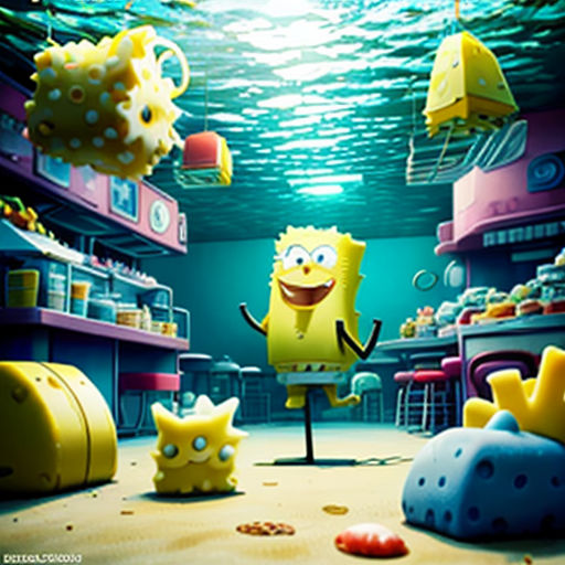 a cartoon character in a room with a lot of toys and a fish in it's mouth,