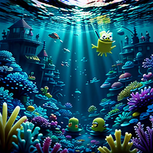 a painting of a fish and coral reef with a light shining in the background of the water and a fish