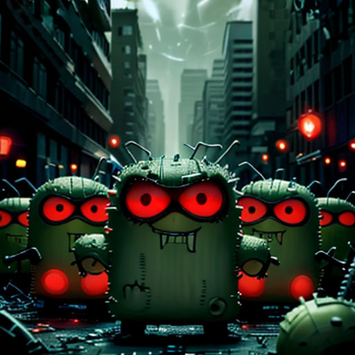 a group of green monsters walking down a street next to tall buildings in a city at night with red eyes