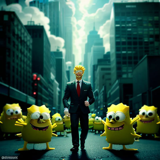 a man in a suit and tie standing in front of a bunch of cartoon characters in a city street