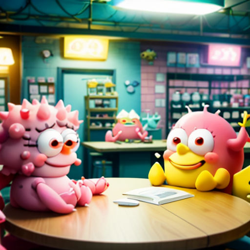 a cartoon character sitting at a table with other characters in the background in a room with a table and chairs