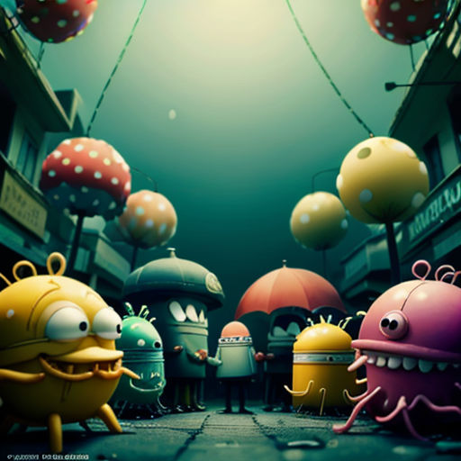 a group of cartoon characters standing in a street with umbrellas above them and a building in the background