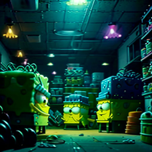 a room filled with lots of different colored objects in it's walls and floors, with a neon green light shining on the floor