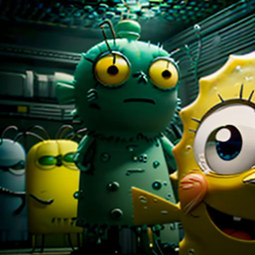 a group of cartoon characters standing next to each other in a room with a ceiling light on and a green monster