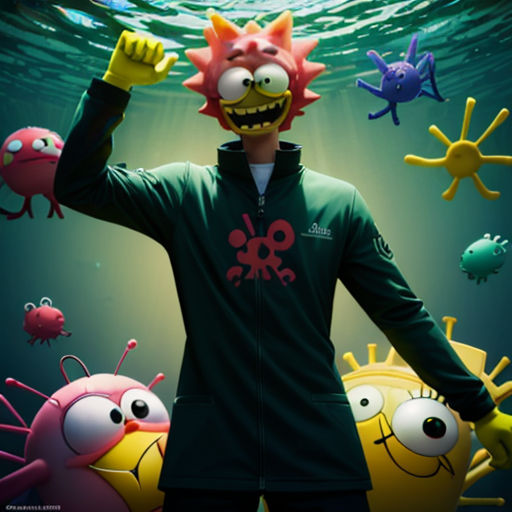 a man in a green jacket with a bunch of cartoon characters around him in the water with a green background