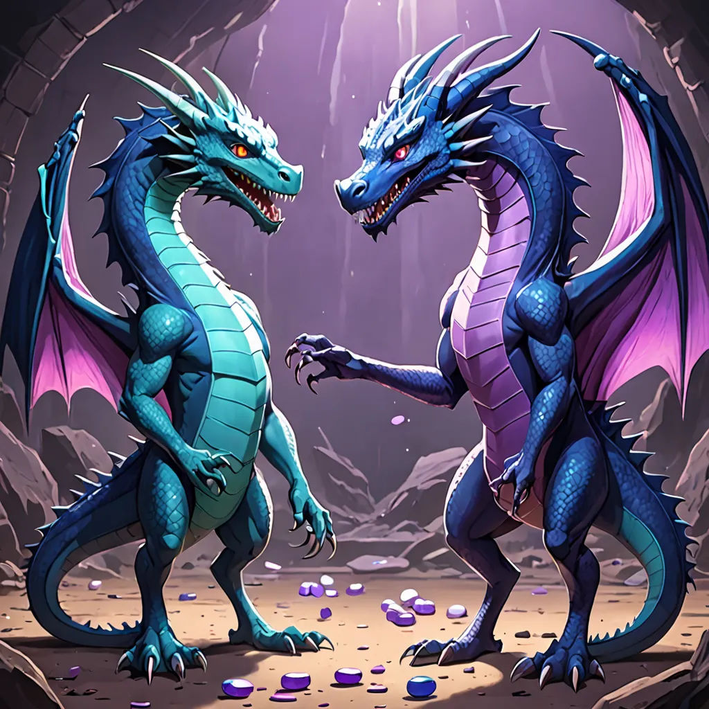 two blue and purple dragon standing next to each other on a rock covered ground with rocks and rocks around them, fantasy art, concept art, Anne Stokes, dragon art