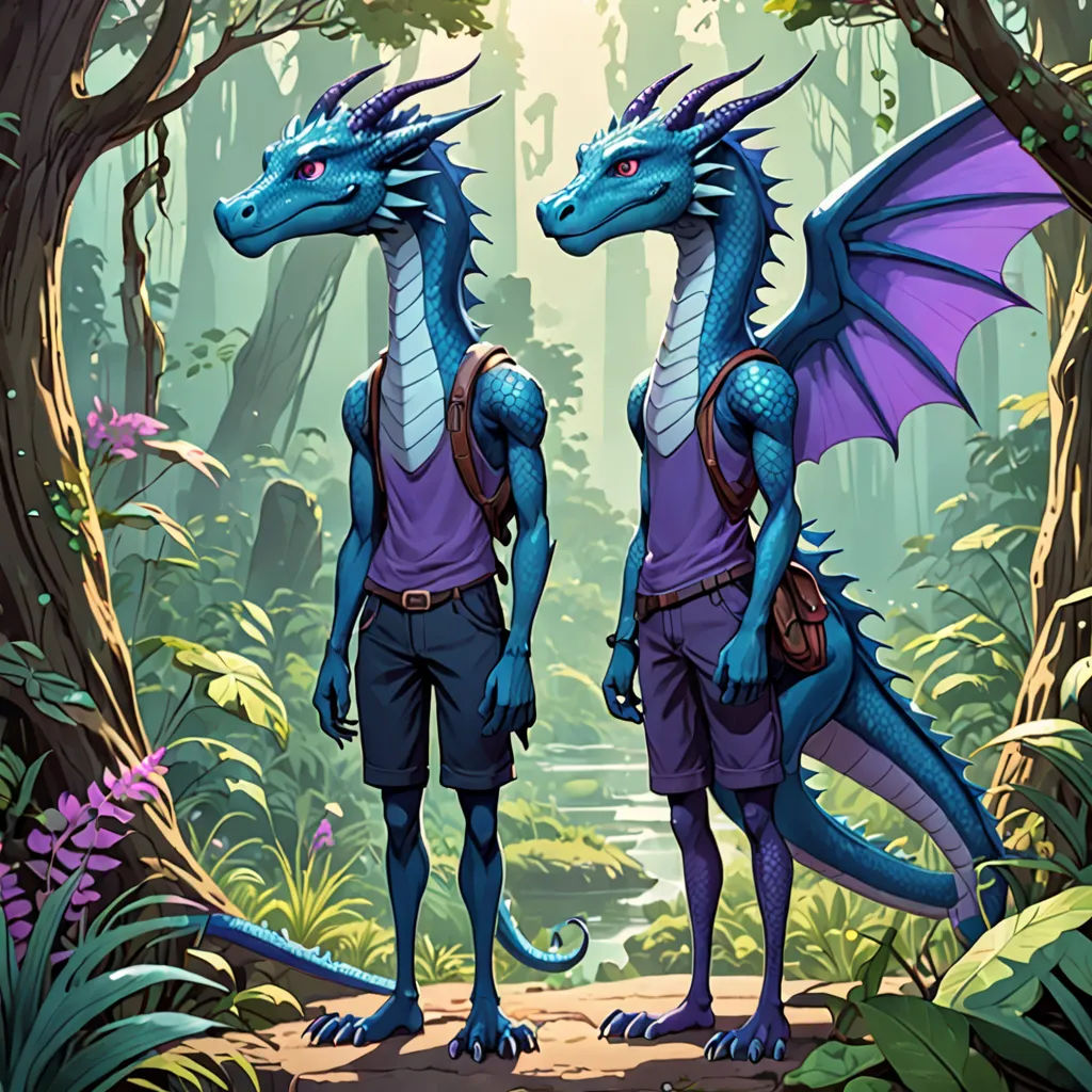 two blue dragon standing next to each other in a forest with trees and plants on either side of them, furry art, concept art, Brothers Hildebrandt, official art