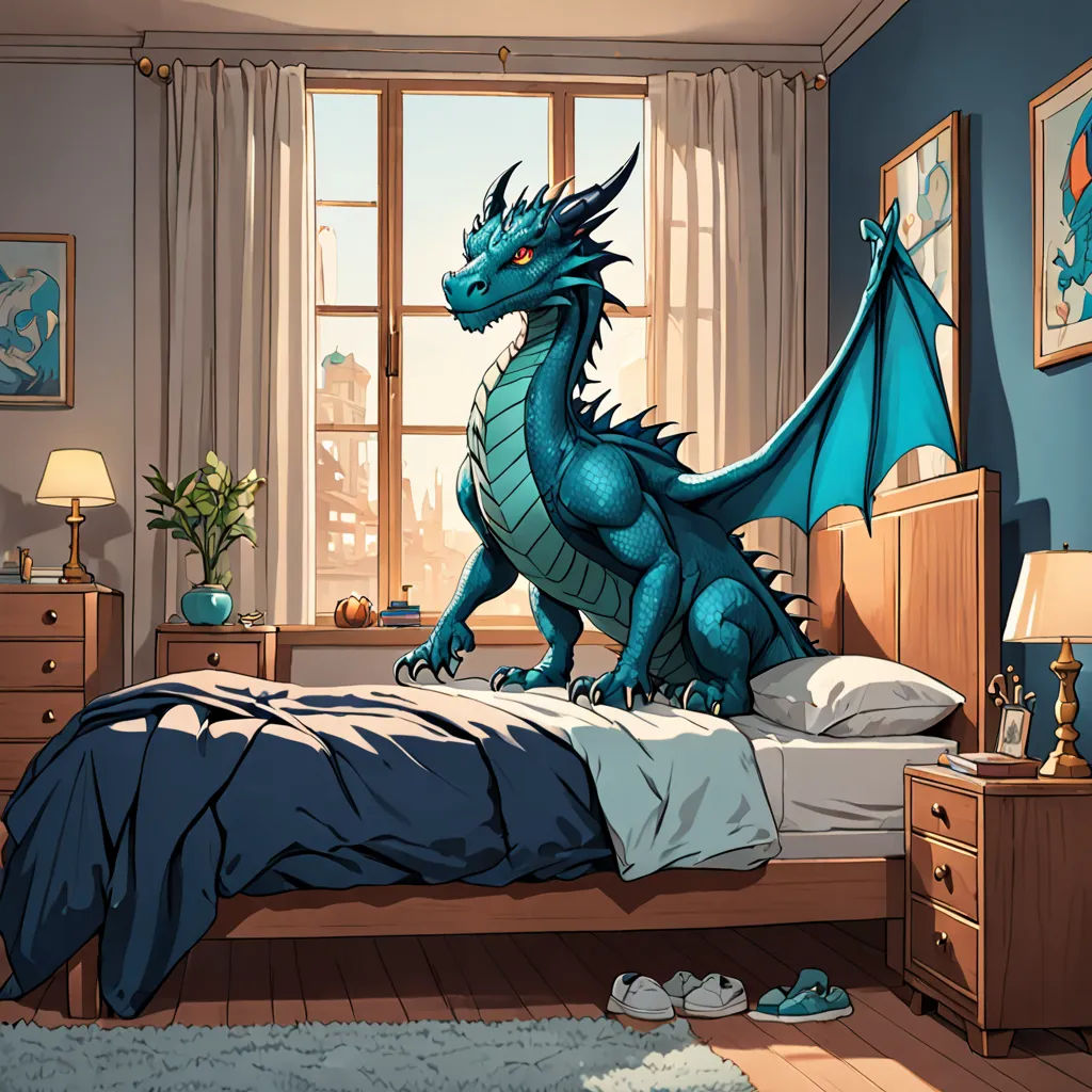 a blue dragon sitting on a bed in a bedroom with a window and a rug on the floor and a rug on the floor, furry art, a comic book panel, Diego Gisbert Llorens, dragon art