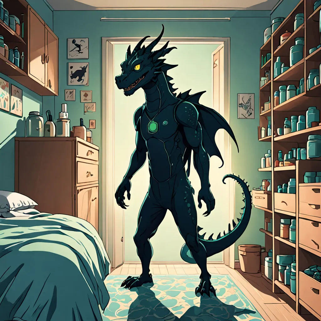 a cartoon of a dragon in a bedroom with a bed and shelves of bottles on the wall and a bed with a blue comforter, furry art, a poster, Adam Rex, furaffinity