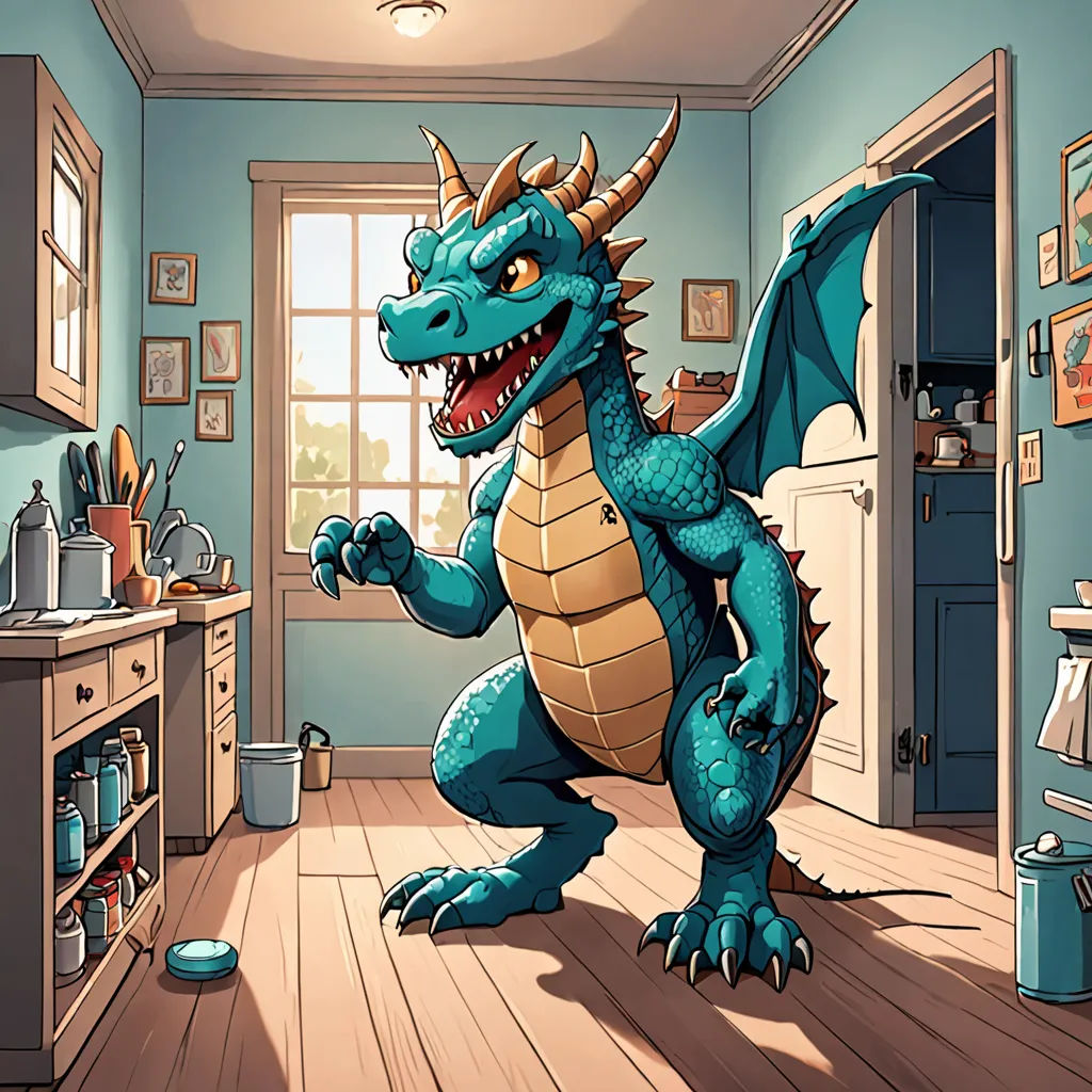 a cartoon dragon is standing in a kitchen with a sink and a stove top oven in the background and a blue wall, furry art, a storybook illustration, Chris LaBrooy, dragon art