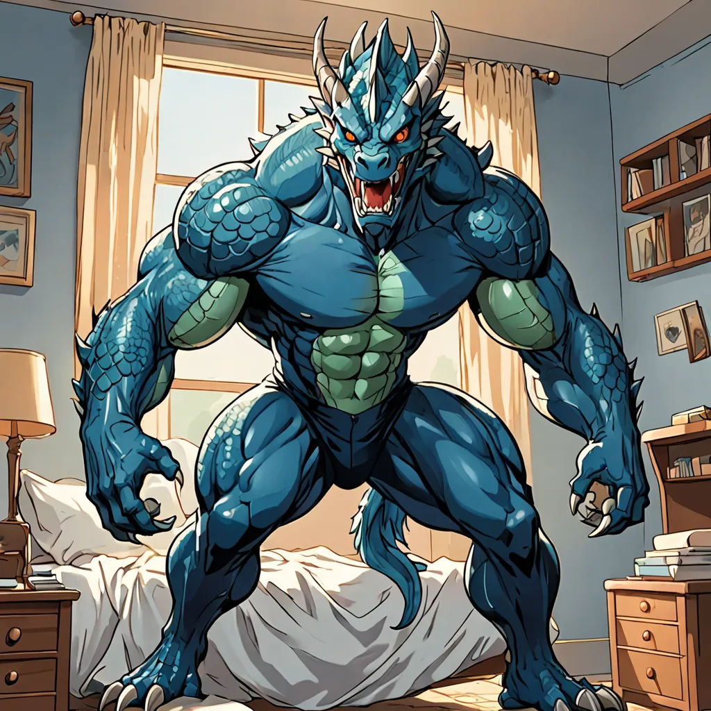 a cartoon of a blue monster standing in a bedroom with a bed and a window behind it, with a lamp on the side, furry art, a comic book panel, Adam Rex, trending on furaffinity