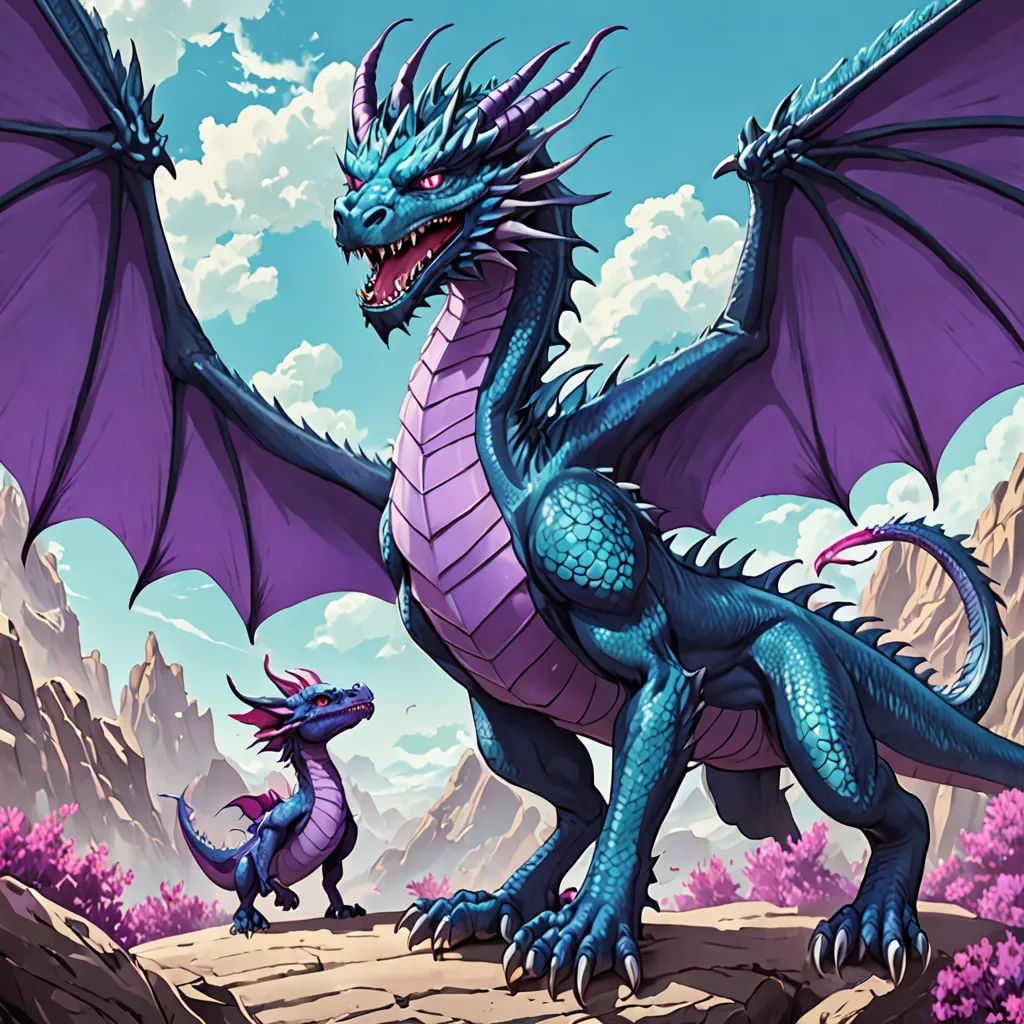 a dragon and a dragonling are standing on a rock in the desert, with a mountain in the background, altermodern, concept art, Anne Stokes, dragon art
