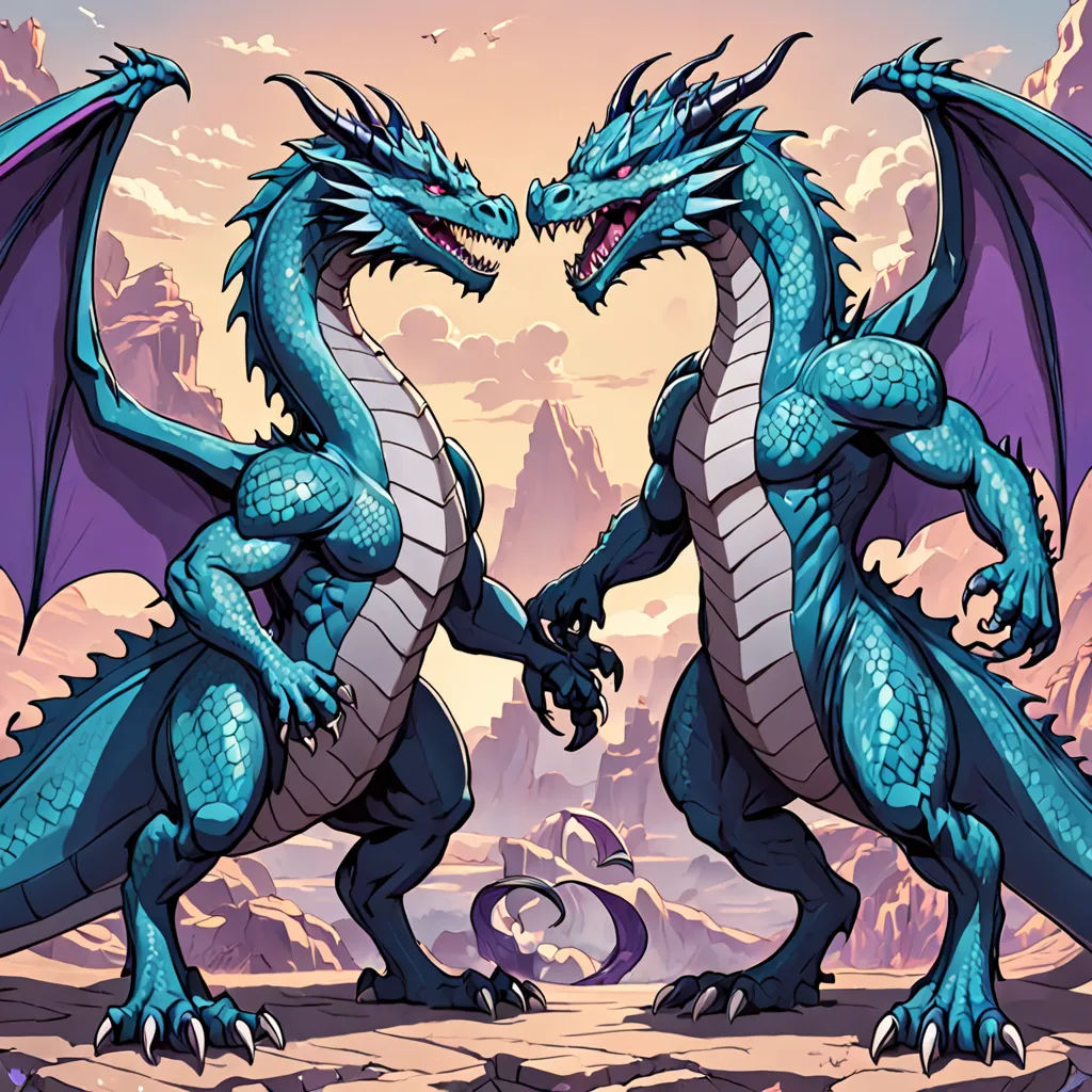 two blue dragon facing each other in front of a sunset sky with clouds and mountains in the background, with a pink sky, furry art, concept art, Anne Stokes, dragon art