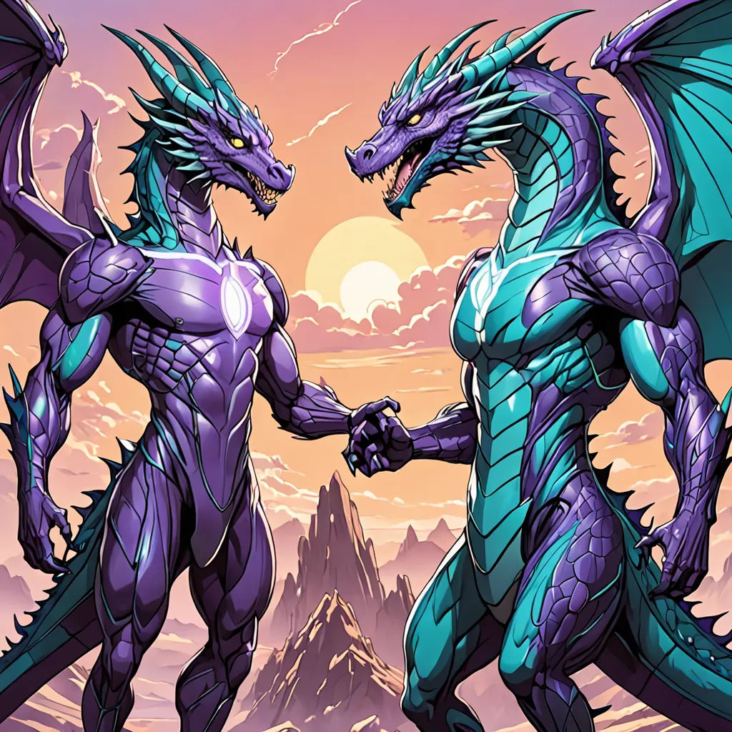 two blue dragon standing next to each other on a mountain side with a sunset in the background and a mountain behind them, furry art, a comic book panel, Anne Stokes, dragon art