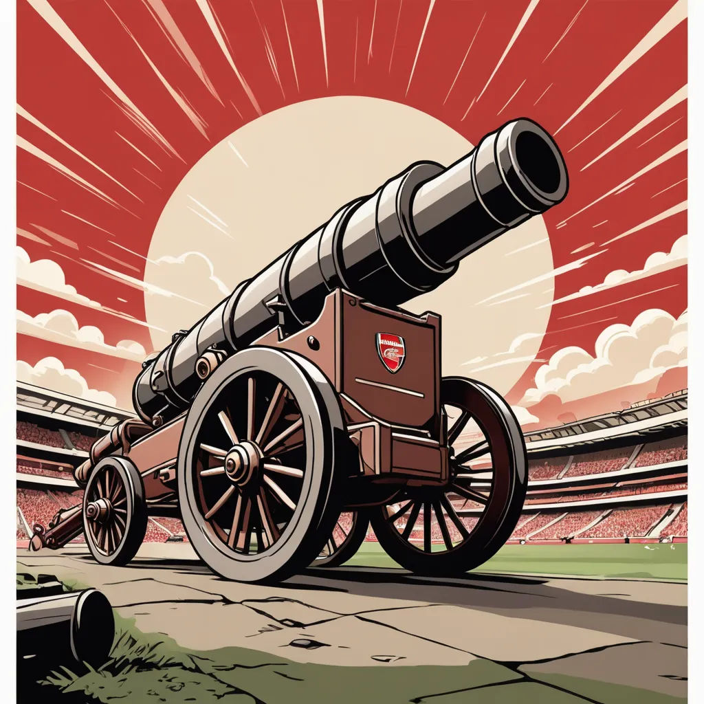a drawing of a cannon on a field with a stadium in the background and a sunburst in the sky, process art, a poster, Dave Allsop, poster