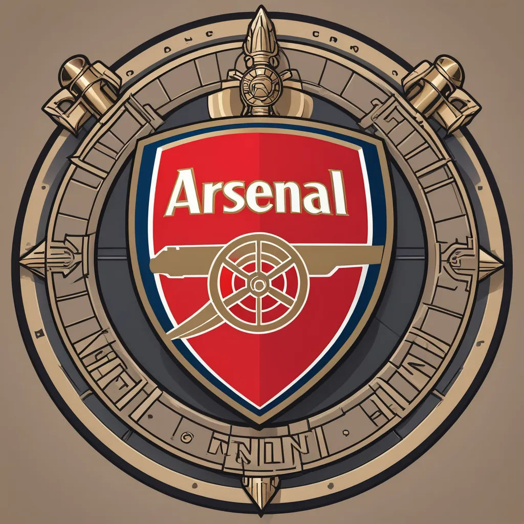 a red and gold shield with the word arsenal on it and a sword on the side of it, art nouveau, vector art, Constant, plain background