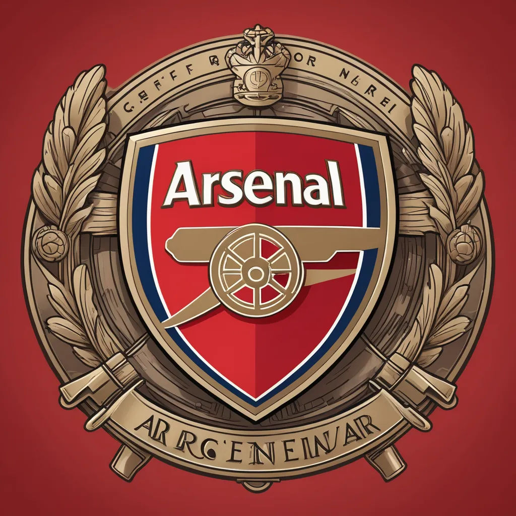 a red and gold emblem with the word arsenal on it and a sword in the center of the shield, art nouveau, vector art, Constant, official media