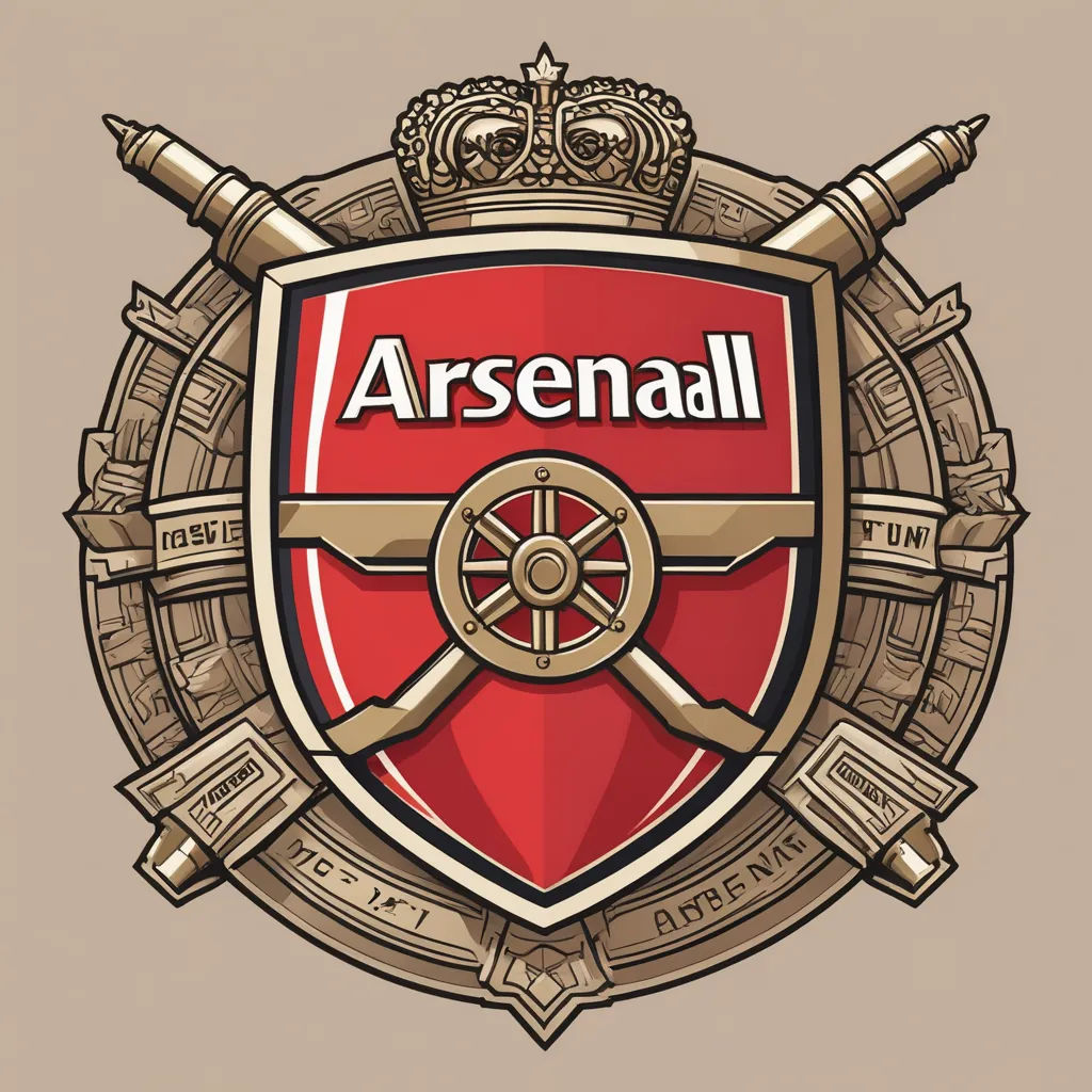a red and gold shield with two swords and a crown on top of it, with the words arsenall above it, art nouveau, vector art, Carles Delclaux Is, logo