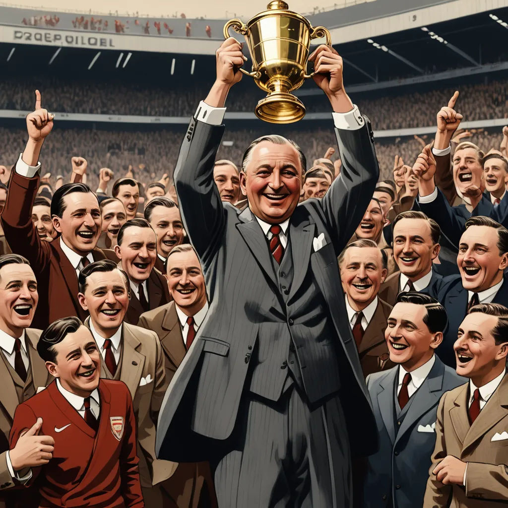 a man in a suit holding a trophy above his head in front of a crowd of men in suits, fantastic realism, a colorized photo, David Young Cameron, stanley artgermm