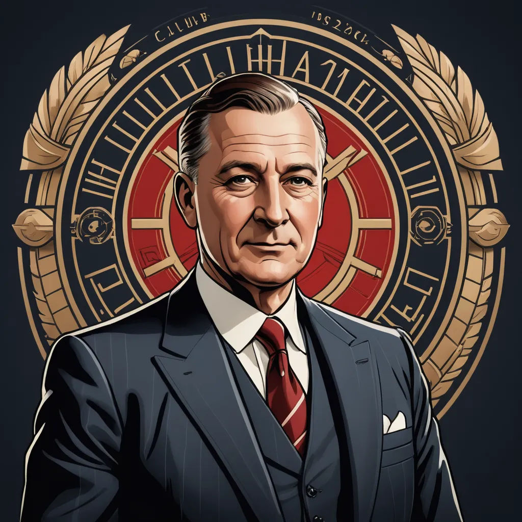 a man in a suit and tie with a clock in the background and a golden emblem behind him that says william heath, sots art, a character portrait, Derek Hill, character portrait