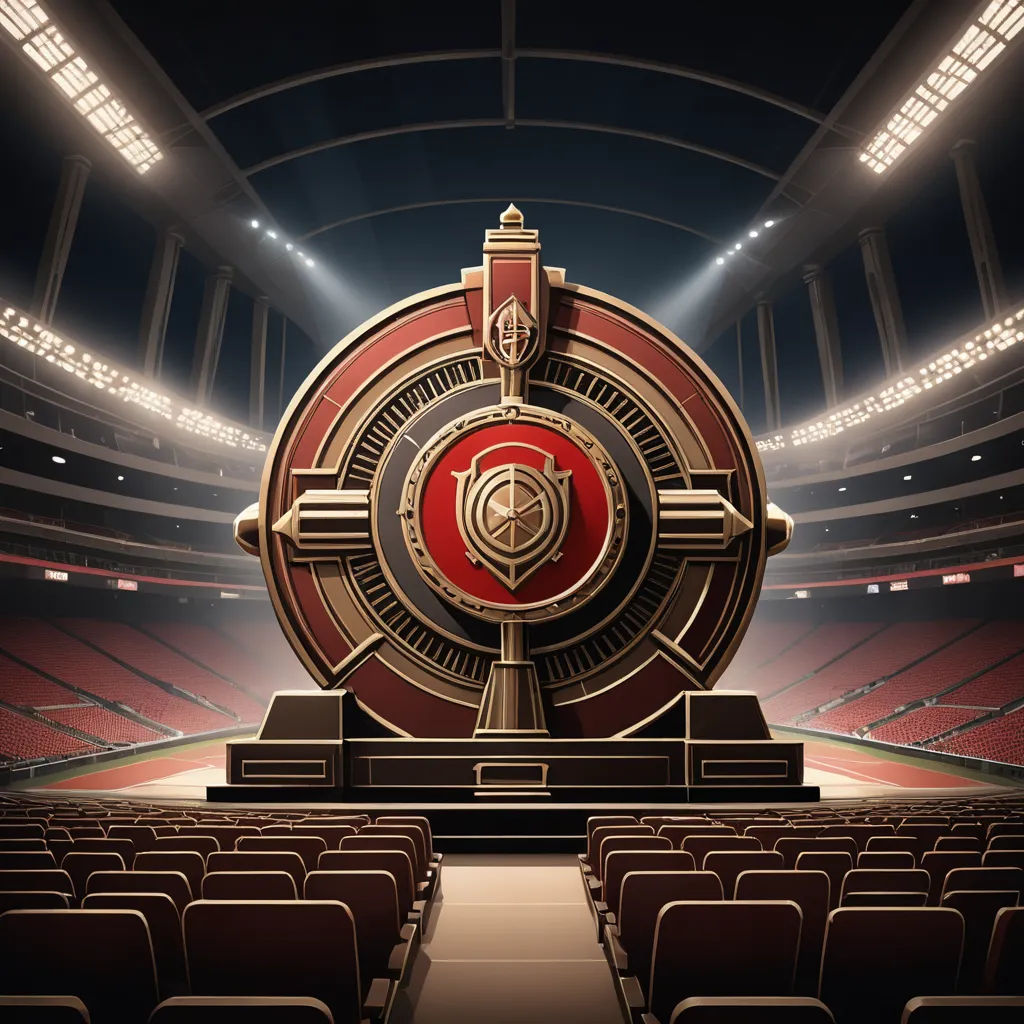 a large red and gold clock in a stadium with seats in front of it and a stage in the background, art deco, an art deco painting, Clint Cearley, cgstudio