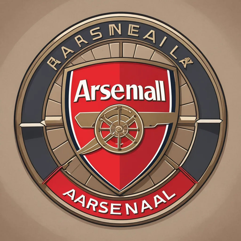 a red and black emblem with a brown background and a brown background with a red and black shield with the words arsenall, art informel, vector art, Arie Smit, logo