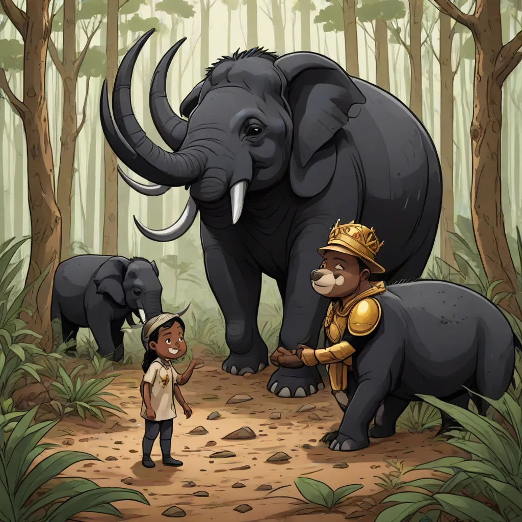a boy standing next to an elephant in a forest with other elephants behind him and a woman standing next to it, sumatraism, a storybook illustration, Chris LaBrooy, storybook illustration