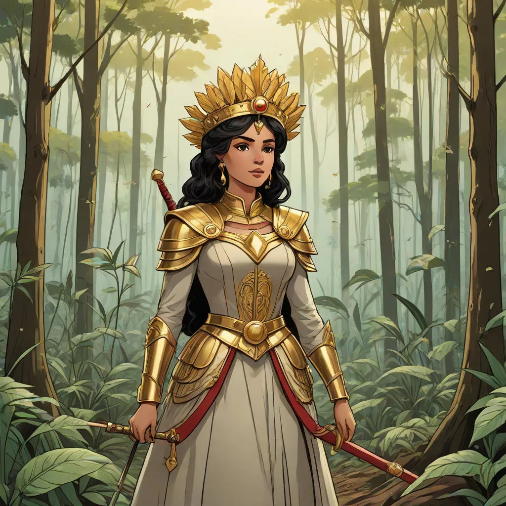 a woman in a white dress and gold armor standing in a forest with a sword in her hand and a crown on her head, fantasy art, a character portrait, Charlie Bowater, magic the gathering artwork